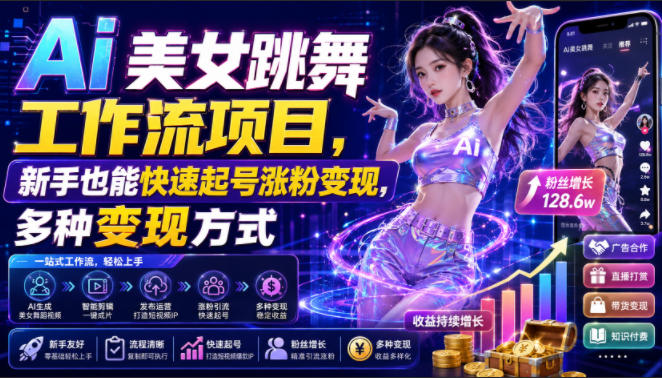 Ai美女跳舞工作流项目,新手也能快速起号涨粉变现,多种变现方式-赛德副业库