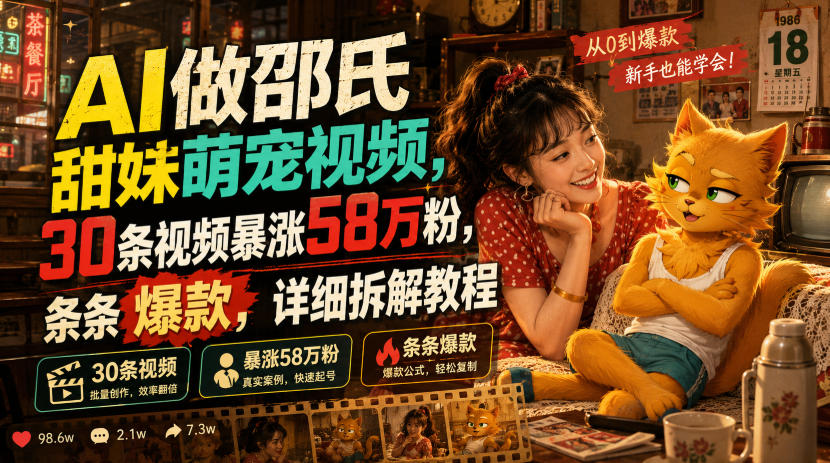 AI做邵氏甜妹萌宠视频,30条视频暴涨58万粉,条条爆款,详细拆解教程-赛德副业库
