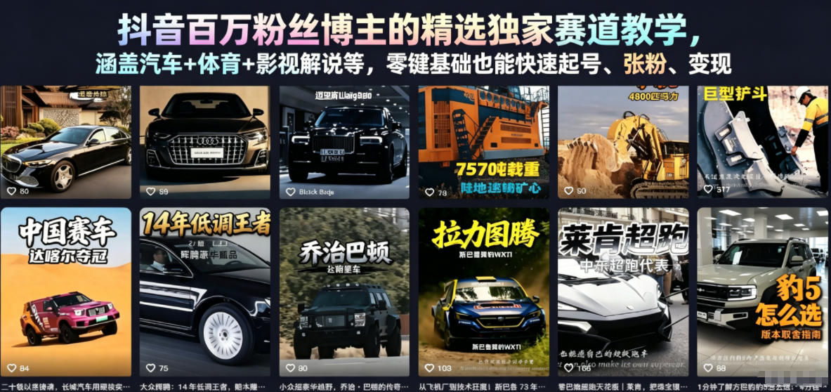 抖音百万粉丝博主的精选独家赛道教学,涵盖汽车+体育+影视解说等,零基础也能快速起号、涨粉、变现(更新0701)-赛德副业库