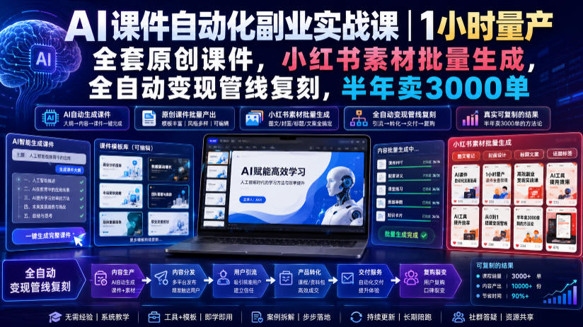 AI课件自动化副业实战课|1小时量产全套原创课件,小红书素材批量生成,全自动变现管线复刻,半年卖3000单-赛德副业库
