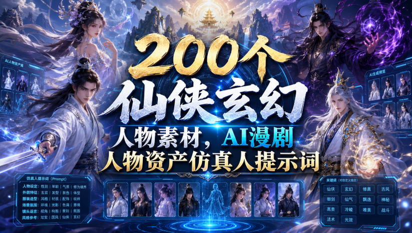 200个仙侠玄幻人物素材，AI漫剧人物资产仿真人提示词-赛德副业库