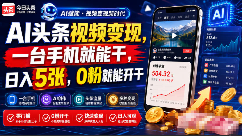 AI头条视频变现，一台手机就能干，日入5张，0粉就能开干-赛德副业库