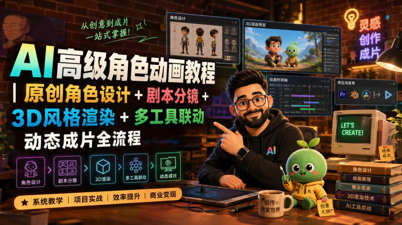 AI高级角色动画教程|原创角色设计+剧本分镜+3D风格渲染+多工具联动动态成片全流程【中英字幕】-赛德副业库