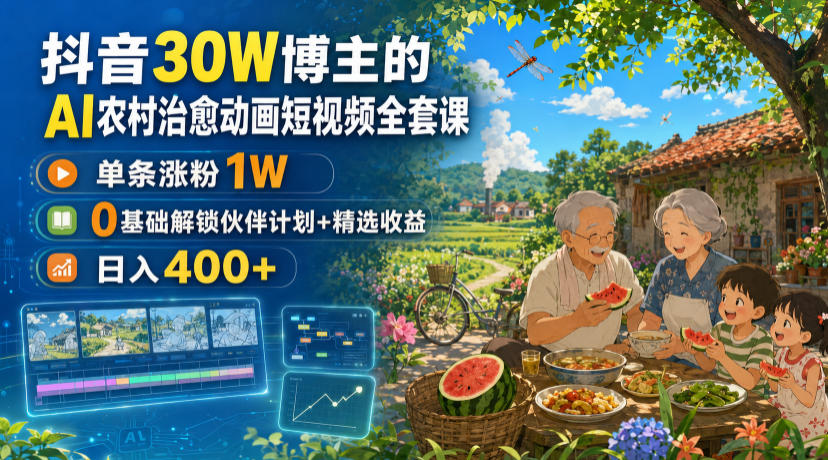 抖音30W博主的AI农村治愈动画短视频全套课|单条涨粉1W,0基础解锁伙伴计划+精选收益,日入400+-赛德副业库