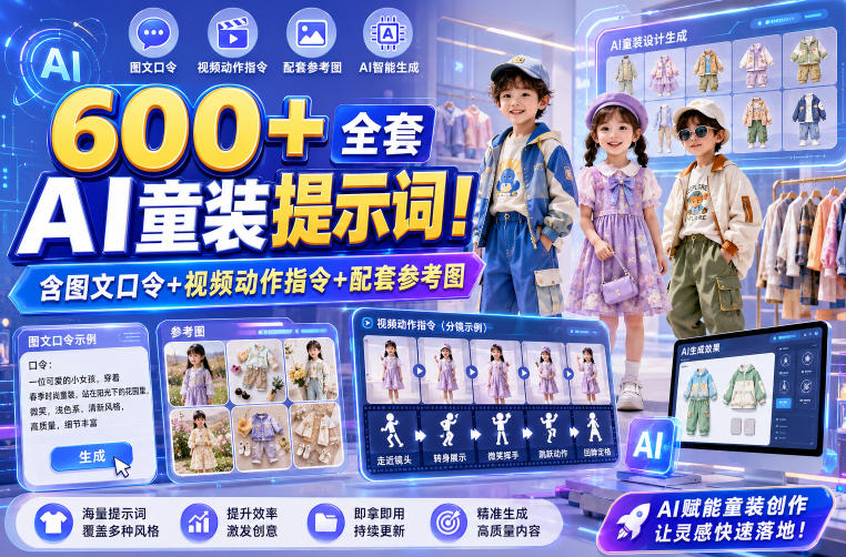 600+全套AI童装提示词！含图文口令+视频动作指令+配套参考图，Word-Excel规整分类，童装电商、种草无脑量产内容！-赛德副业库