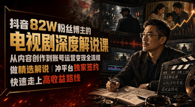 抖音82W粉丝博主的电视剧深度解说课，从内容创作到账号运营变现全流程，做精选解说，冲平台独家签约，快速走上高收益路线-赛德副业库