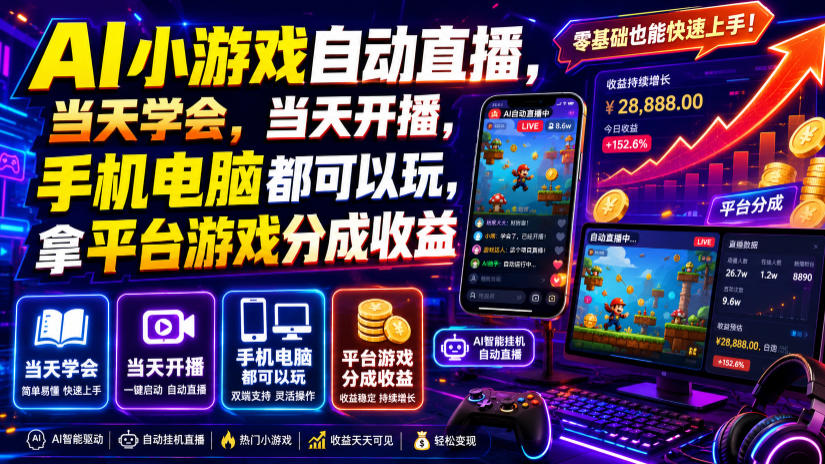 AI小游戏自动直播，当天学会，当天开播，手机电脑都可以玩，拿平台游戏分成收益-赛德副业库