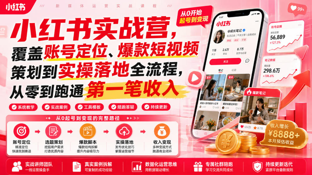 小红书实战营，覆盖账号定位、爆款短视频策划到实操落地全流程，从零到跑通第一笔收入-赛德副业库