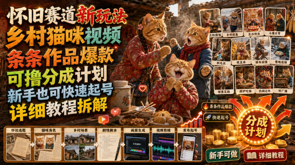 怀旧赛道新玩法，乡村猫咪视频，条条作品爆款，可撸分成计划，新手也可快速起号，详细教程拆解-赛德副业库