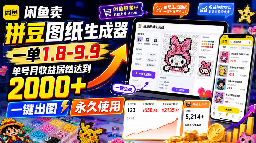 闲鱼卖拼豆图纸生成器,一单1.8-9.9,单号月收益居然达到2000+一键出图永久使用-赛德副业库