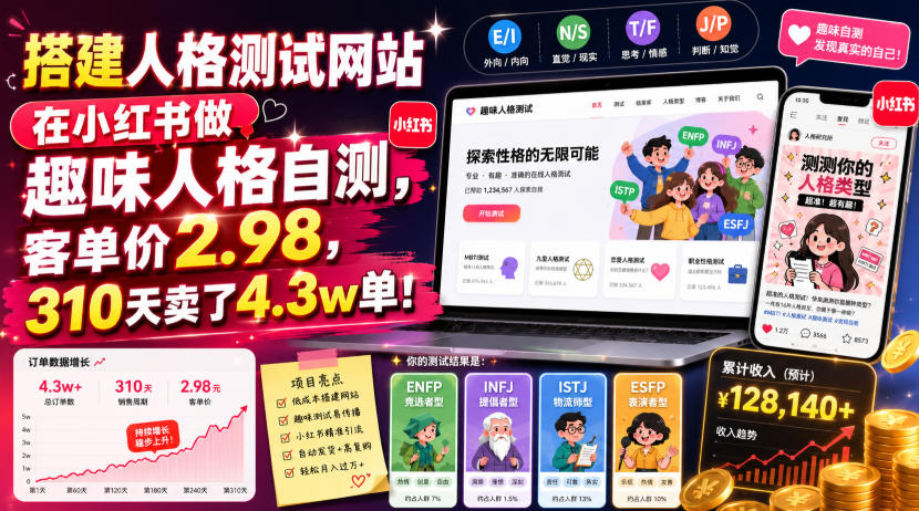 搭建人格测试网站在小红书做趣味人格自测,客单价2.98,310天卖了4.3w单!-赛德副业库