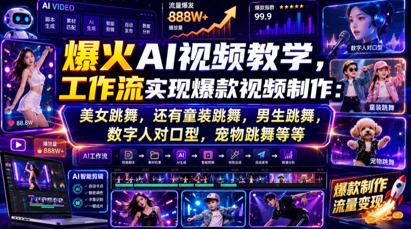 爆火AI视频教学,工作流实现爆款视频制作:美女跳舞,还有童装跳舞,男生跳舞,数字人对口型,宠物跳舞等等-赛德副业库