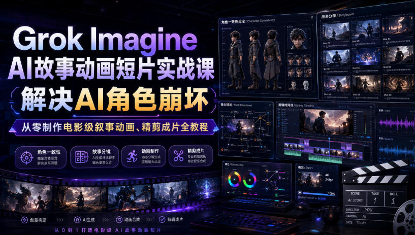 Grok Imagine AI故事动画短片实战课|解决AI角色崩坏,从零制作电影级叙事动画、精剪成片全教程(中英字幕)-赛德副业库