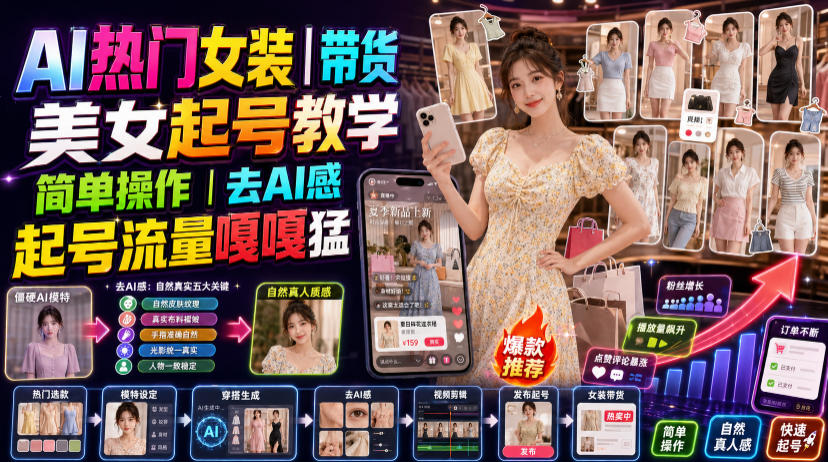 AI热门女装带货丨美女起号教学,简单操作,去AI感,起号流量嘎嘎猛-赛德副业库
