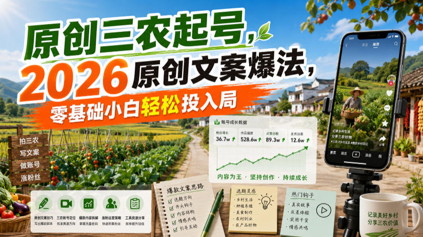 原创三农起号，2026原创文案爆法，零基础小白轻松投入局-赛德副业库