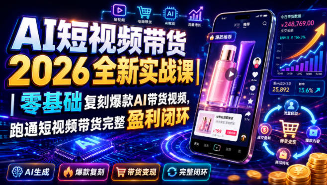 AI短视频带货2026全新实战课|零基础复刻爆款AI带货视频,跑通短视频带货完整盈利闭环-赛德副业库
