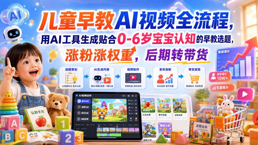 儿童早教AI视频全流程,用AI工具生成贴合0-6岁宝宝认知的早教选题,涨粉涨权重,后期转带货-赛德副业库