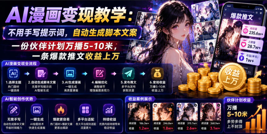 AI漫画变现教学:不用手写提示词,自动生成脚本文案,一份伙伴计划万播5-10米,一条爆款推文收益上W-赛德副业库