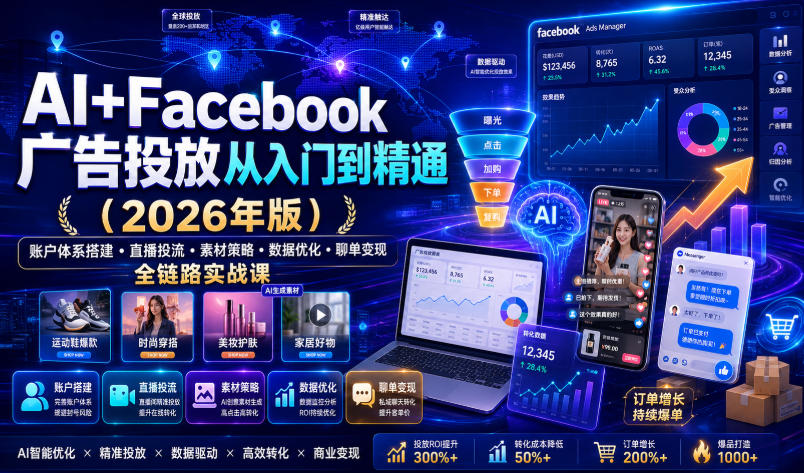AI+Facebook广告投放从入门到精通(2026年版)|账户体系搭建・直播投流・素材策略・数据优化・聊单变现全链路实战课-赛德副业库