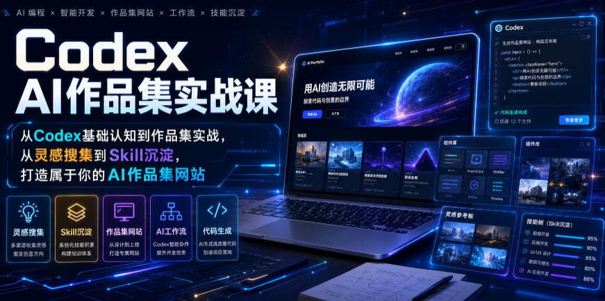 Codex AI作品集实战课,从Codex基础认知到作品集实战,从灵感搜集到Skill沉淀,打造属于你的AI作品集网站-赛德副业库