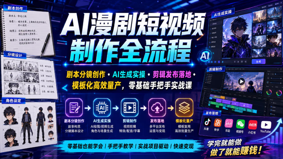 AI漫剧短视频制作全流程|剧本分镜创作・AI生成实操・剪辑发布落地・模板化高效量产,零基础手把手实战课-赛德副业库