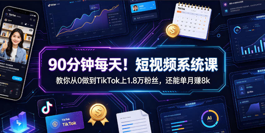 90分钟每天！短视频系统课教你从0做到TikTok上1.8万粉丝，还能单月賺8k【原创双语字幕】-赛德副业库