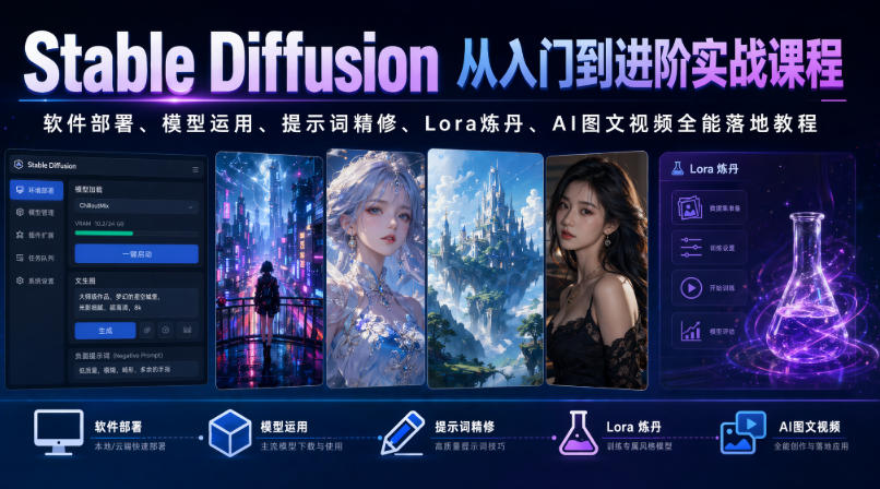Stable Diffusion从入门到进阶实战课程|软件部署、模型运用、提示词精修、Lora炼丹、AI图文视频全能落地教程-赛德副业库
