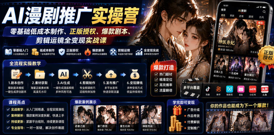 AI漫剧推广实操营|零基础低成本制作、正版授权、爆款剧本、剪辑运镜全变现实战课-赛德副业库