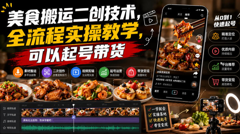 美食搬运二创技术，全流程实操教学，可以起号带货-赛德副业库