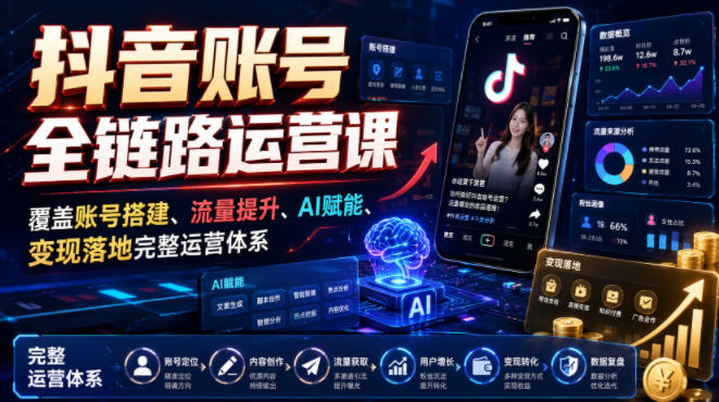 抖音账号全链路运营课,覆盖账号搭建、流量提升、AI赋能、变现落地完整运营体系-赛德副业库