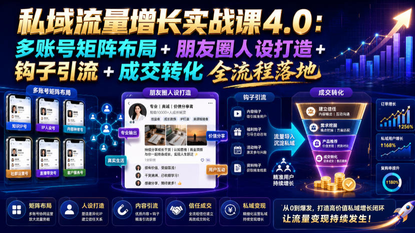 私域流量增长实战课4.0:多账号矩阵布局+朋友圈人设打造+钩子引流+成交转化全流程落地-赛德副业库