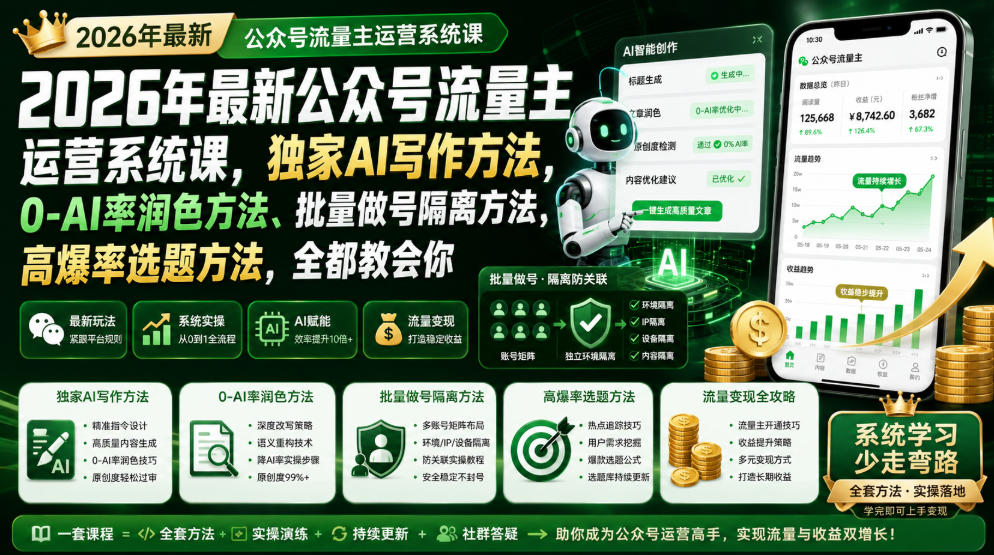 2026年最新公众号流量主运营系统课,独家AI写作方法,0-AI率润色方法、批量做号隔离方法、高爆率选题方法,全都教会你-赛德副业库