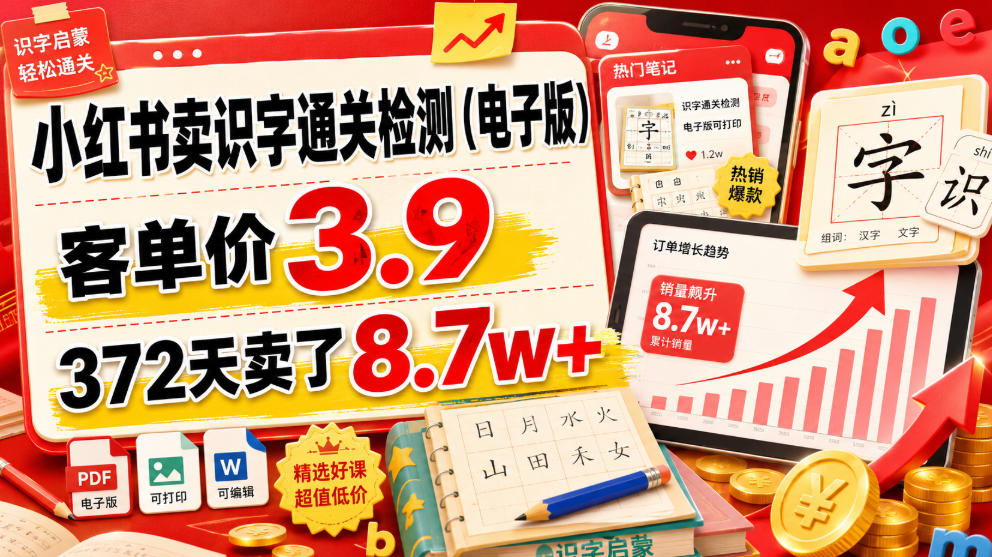 小红书卖识字通关检测(电子版),客单价3.9,372天卖了8.7w+-赛德副业库