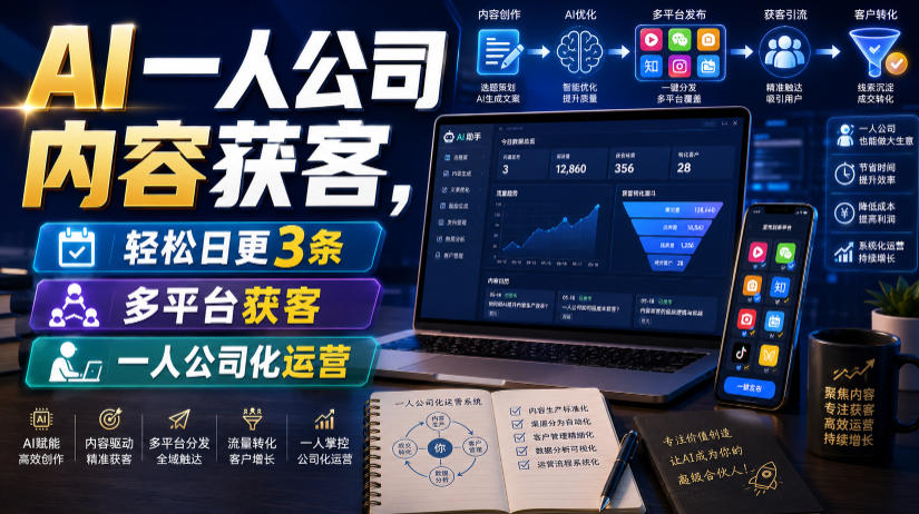AI一人公司内容获客,轻松日更3条,多平台获客,一人公司化运营-赛德副业库