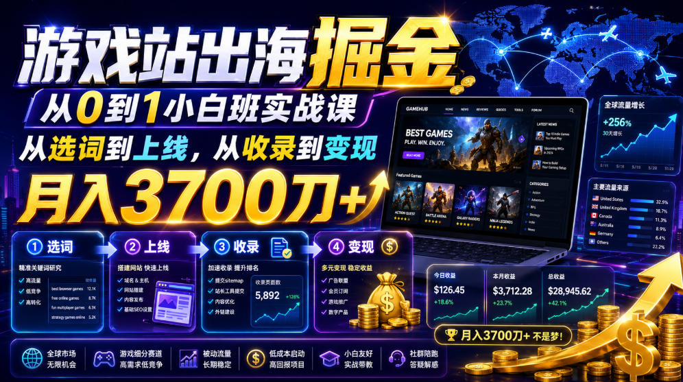 游戏站出海掘金从0到1小白实战课，从选词到上线，从收录到变现，月入3700刀+-赛德副业库