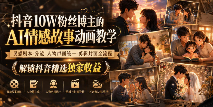 抖音10W粉丝博主的AI情感故事动画教学，灵感剧本‑分镜‑人物声画统一‑剪辑封面全流程，解锁抖音精选独家收益-赛德副业库