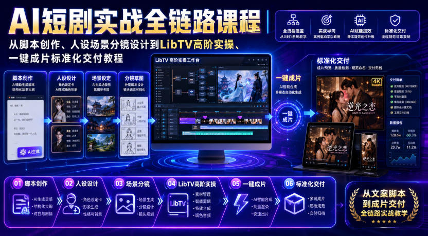 AI短剧实战全链路课程｜从脚本创作、人设场景分镜设计到LibTV高阶实操、一键成片标准化交付教程-赛德副业库