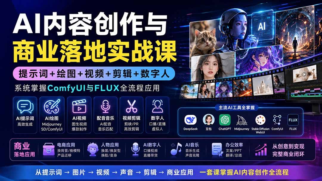 (19913期)AI内容创作与商业落地实战课:提示词+绘图+视频+剪辑+数字人,系统掌握ComfyUI与FLUX全流程应用-赛德副业库
