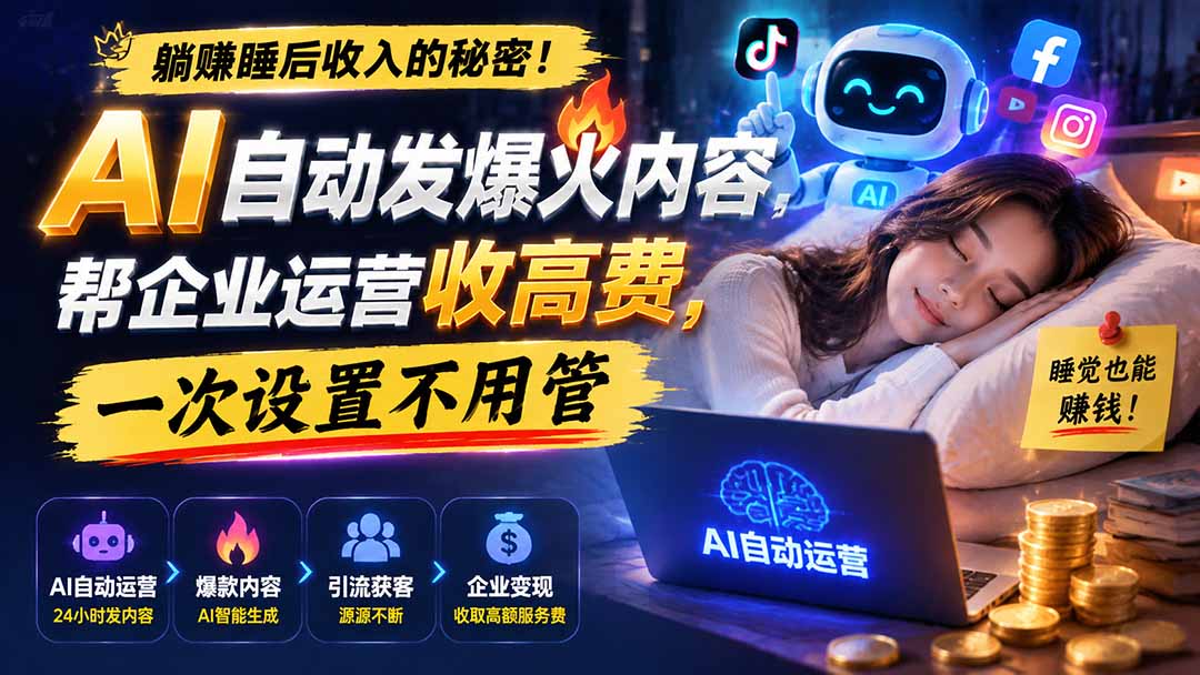 (19826期)躺赚睡后收入的秘密!AI 自动发爆火内容,帮企业运营收高费,一次设置不用管【原创双语字幕】-赛德副业库