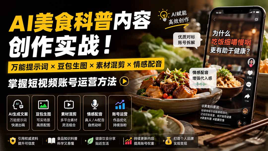（19730期）外面卖199元-AI美食科普内容创作实战！万能提示词×豆包生图×素材混剪×情感配音，掌握短视频账号运营方法-赛德副业库