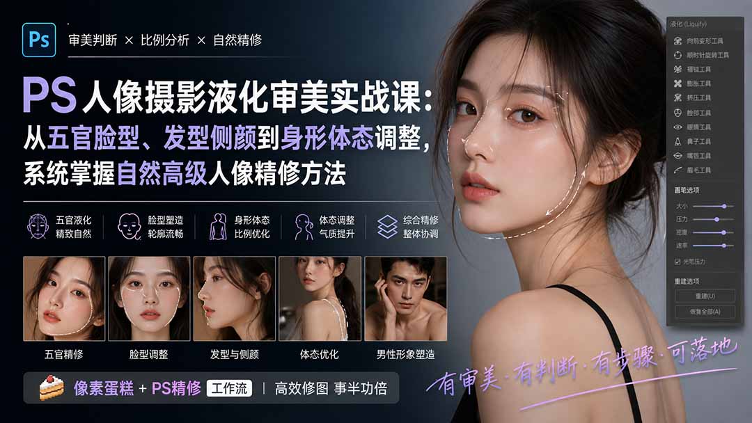 (20062期)PS人像摄影液化审美实战课:从五官脸型、发型侧颜到身形体态调整,系统掌握自然高级人像精修方法-赛德副业库