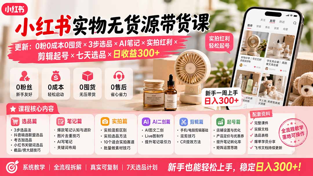(19840期)小红书实物无货源带货课-更新:0粉0成本0囤货×3步选品×AI笔记×实拍红利×剪辑起号×七天选品×日收益300+-赛德副业库