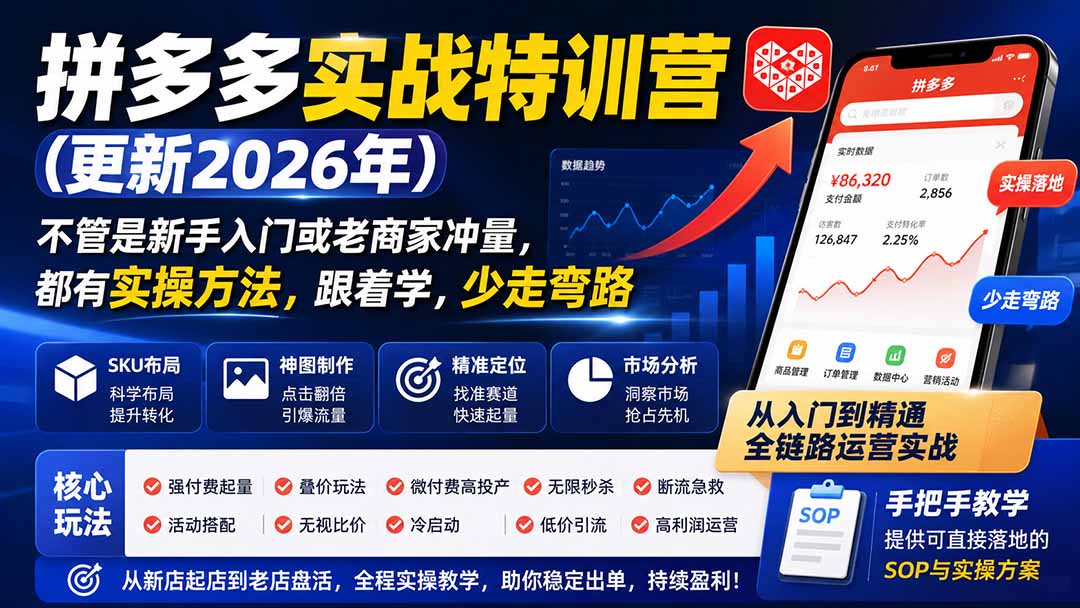 (19842期)拼多多实战特训营(更新2026年):不管是新手入门或老商家冲量,都有实操方法,跟着学,少走弯路-赛德副业库