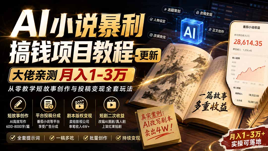 （20044期）AI小说暴利搞钱项目教程-更新，大佬亲测月入1-3万，从零教学短故事创作与投稿变现全套玩法-赛德副业库