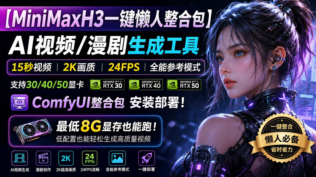 （20130期）MiniMaxH3一键懒人整合包：AI视频/漫剧生成工具，15秒视频_2K画质_24FPS_全能模式，支持30_40_50显卡，8g显存也能跑-赛德副业库