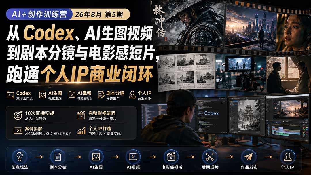 (20145期)AI+创作训练营26年8月第5期:从Codex、AI生图视频到剧本分镜与电影感短片,跑通个人IP商业闭环-赛德副业库