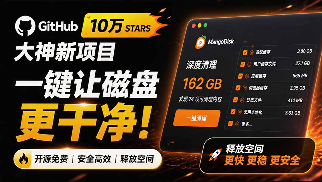 (19894期)在Gtihub上做出10万 stars 的大神,又发布新项目了!一键让磁盘更干净,开源免费清理工具 MangoDisk-赛德副业库