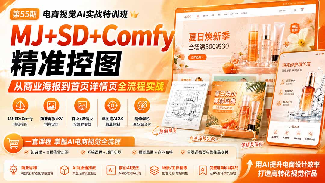 （20027期）电商视觉 AI实战训练营第55期：MJ+SD+Comfy精准控图，从商业海报到首页详情页全流程实战-赛德副业库