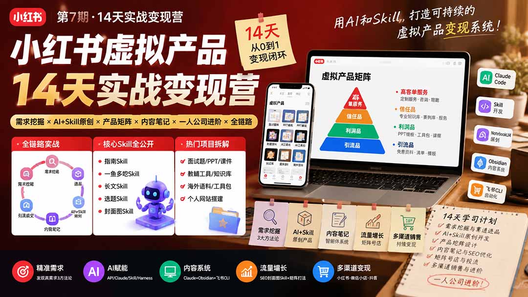 (19712期)小红书虚拟产品14天实战变现营-第7期:需求挖掘×AI+Skill原创×产品矩阵×内容笔记×一人公司进阶×全链路-赛德副业库