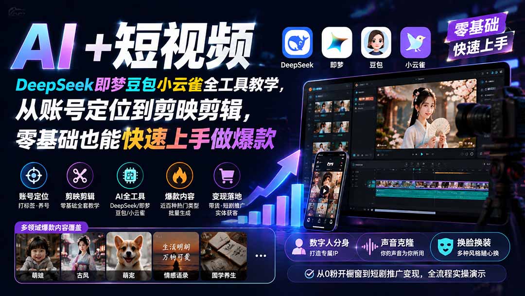 (19759期) AI+短视频|DeepSeek即梦豆包小云雀全工具教学,从账号定位到剪映剪辑,零基础也能快速上手做爆款-赛德副业库